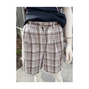 Vtg | 90s Kathy Ireland Plaid Shorts Bermuda Pleat Front Tan Brown Linen Cotton